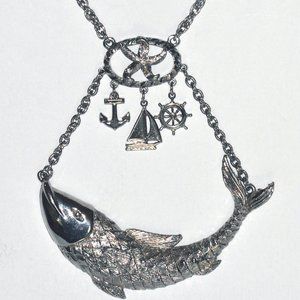 Vintage Silver-tone Nautical Large Fish Necklace